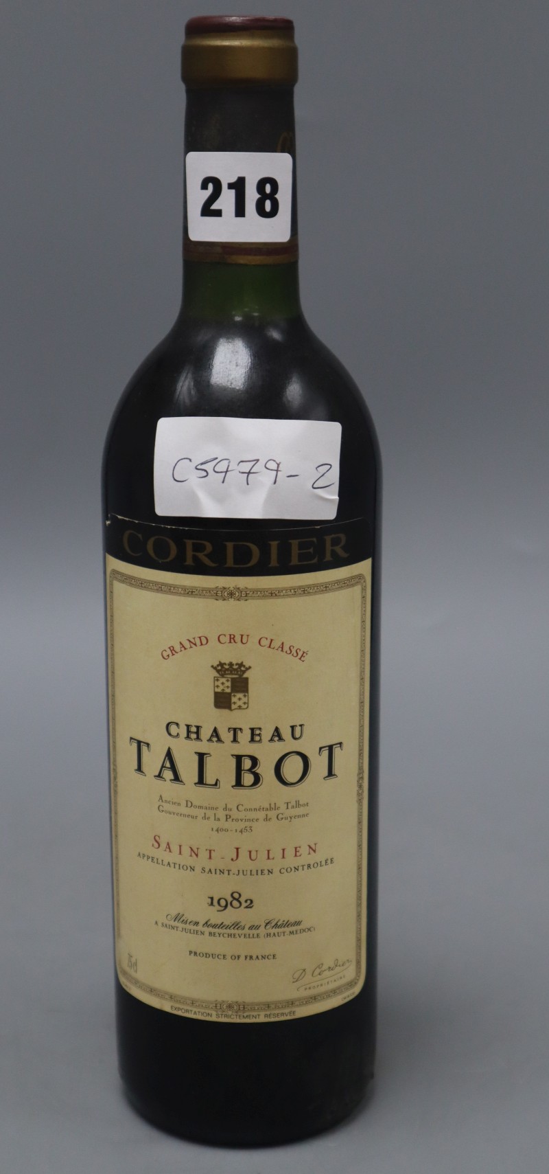 A bottle of Chateau Talbot St Julien 1982